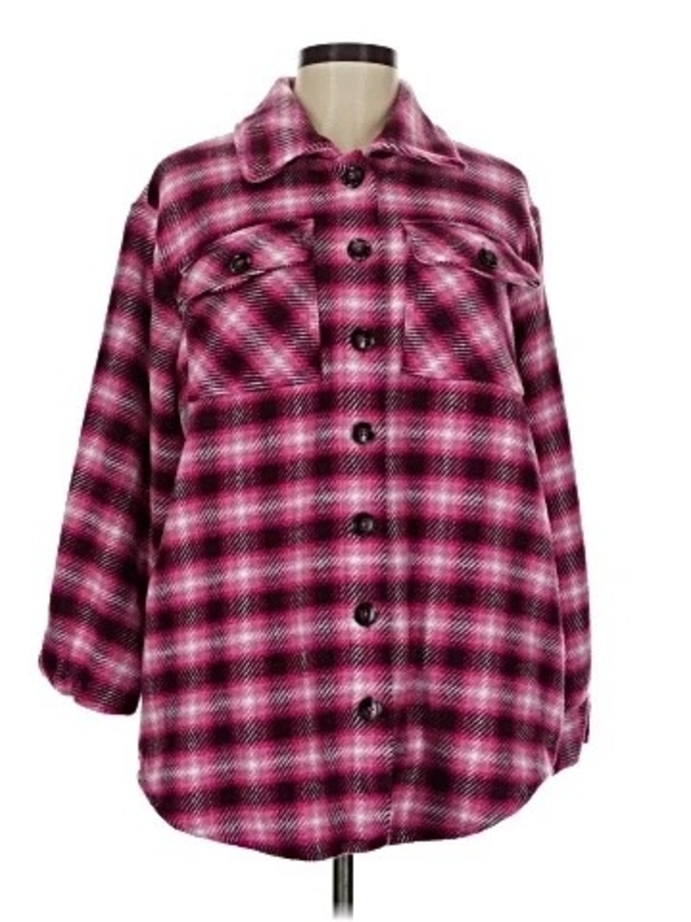 Women’s Time and Tru Pink Plaid Button-Up Shacket
